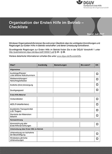 Checkliste Organisation Erste Hilfe